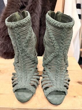 SCHUTZ Olive Green Braided Cutout High-Heel Sandals